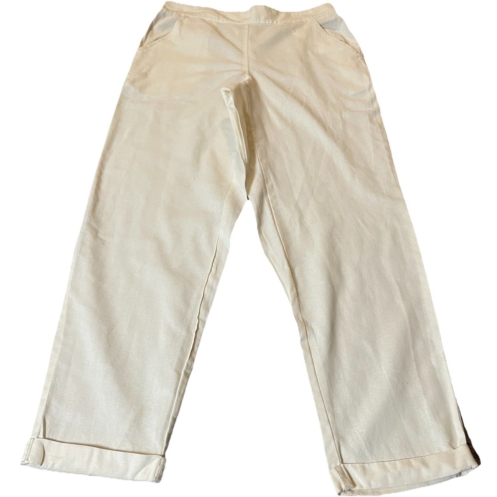 Max Studio Linen Blend Pants Women's S Ivory Straight Leg Pull On Cuffed Casual
